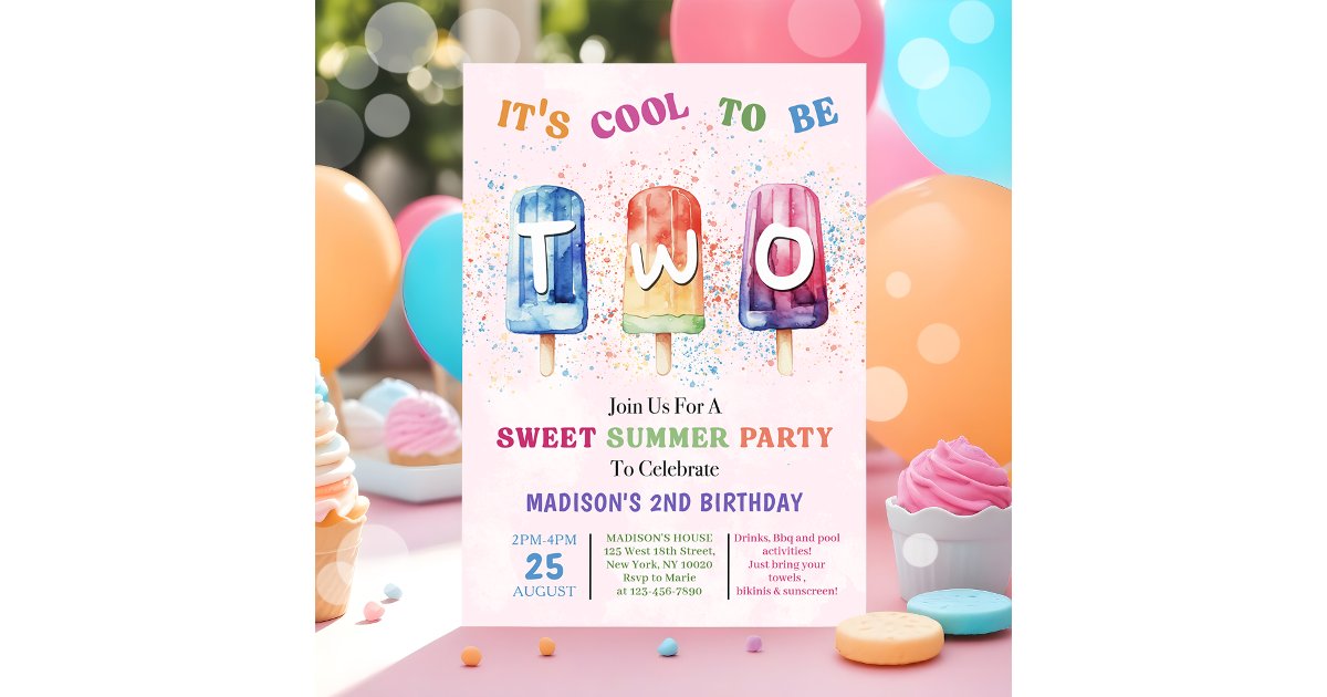 Two Parts Invitation Popsicle Party Two Cool 2nd Birthday Invitation | Zazzle
