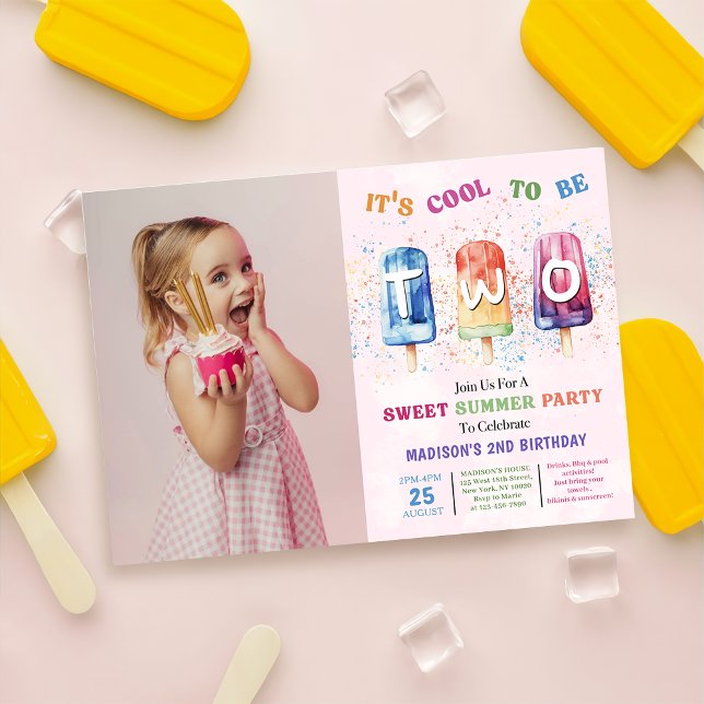 Popsicle Party Two Cool 2nd Birthday Photo Invitation (Creator Uploaded)