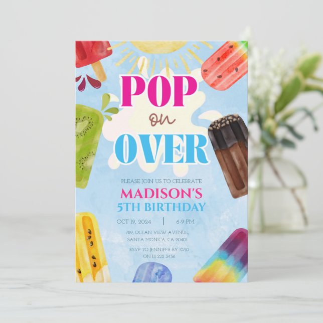 Popsicle Pop On Over Ice Cream 1st 3rd 4th 5th 6th Invitation (Standing Front)