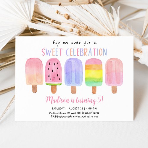 Popsicle Pop on Over Pink Girl Birthday Invitation