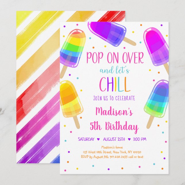 Popsicle Rainbow Pink Girl Birthday Invitation (Front/Back)