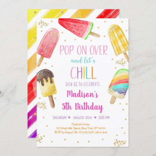 Popsicle Rainbow Pink Gold Girl Birthday Invitation