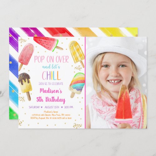 Popsicle Rainbow Pink Gold Girl Birthday Invitation