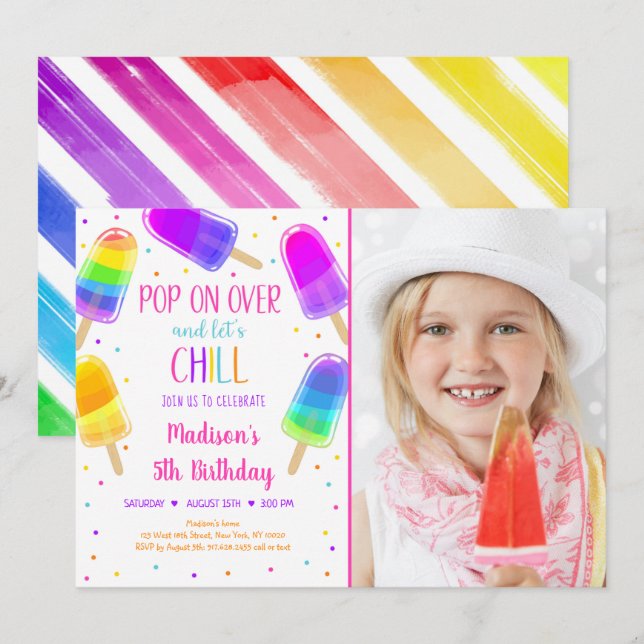 Popsicle Rainbow Pink Gold Girl Birthday Invitation (Front/Back)