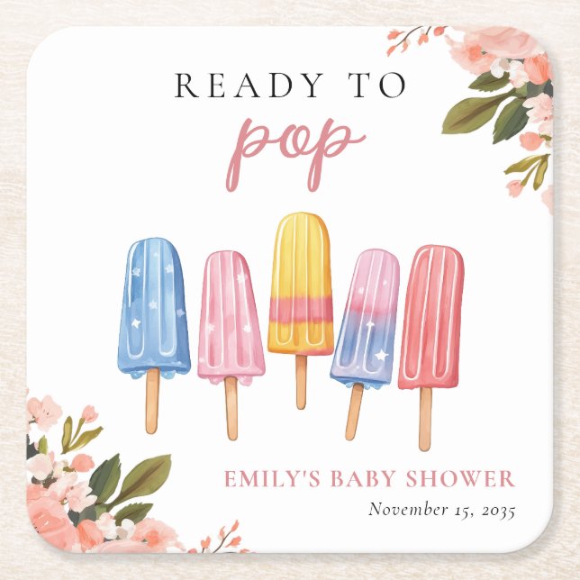Popsicle Ready to Pop Baby Shower Square Paper Coaster (Front)