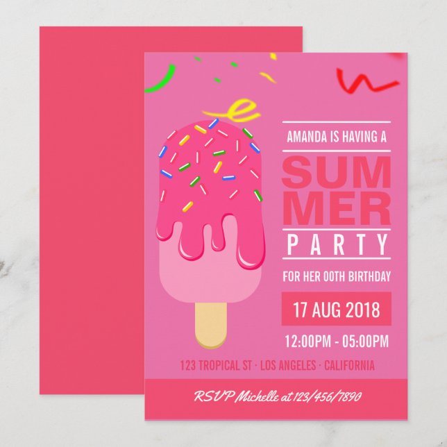 Popsicle Summer Girl Birthday Party invite (Front/Back)