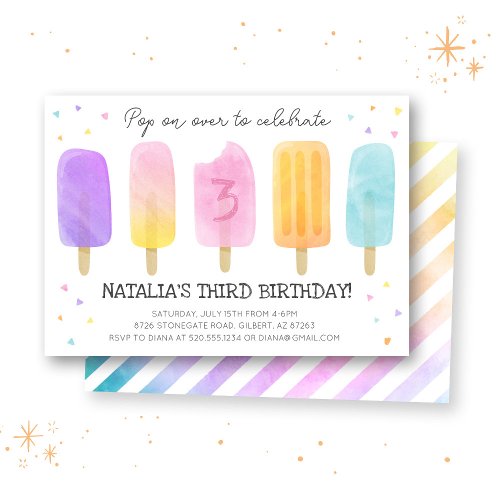 Popsicle Watercolor Pink Girl Birthday Invitation