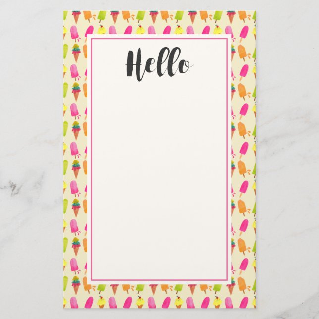 Popsicles and Ice Cream Colorful Summer Pattern Stationery (Front)