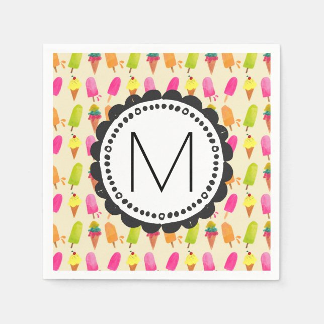 Popsicles and Ice Cream Personalized Monogram Paper Napkins (Front)