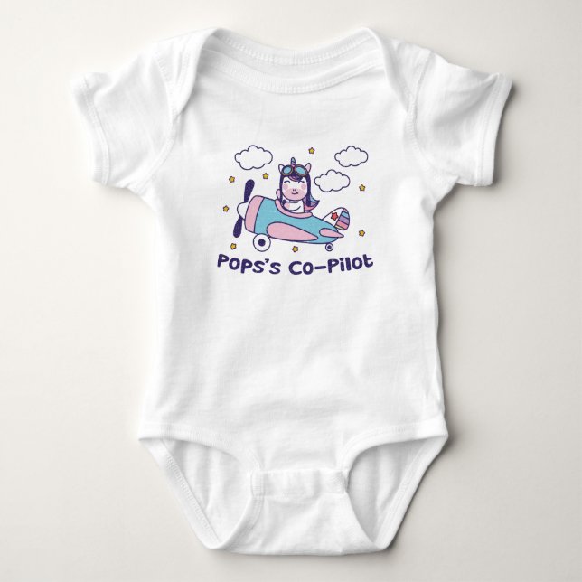 Pops's Co-Pilot - Unicorn Airplane Baby Bodysuit (Front)