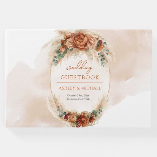 Popular arch terracotta deep red floral eucalyptus guest book