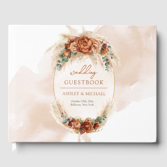 Popular arch terracotta deep red floral eucalyptus guest book (Front)