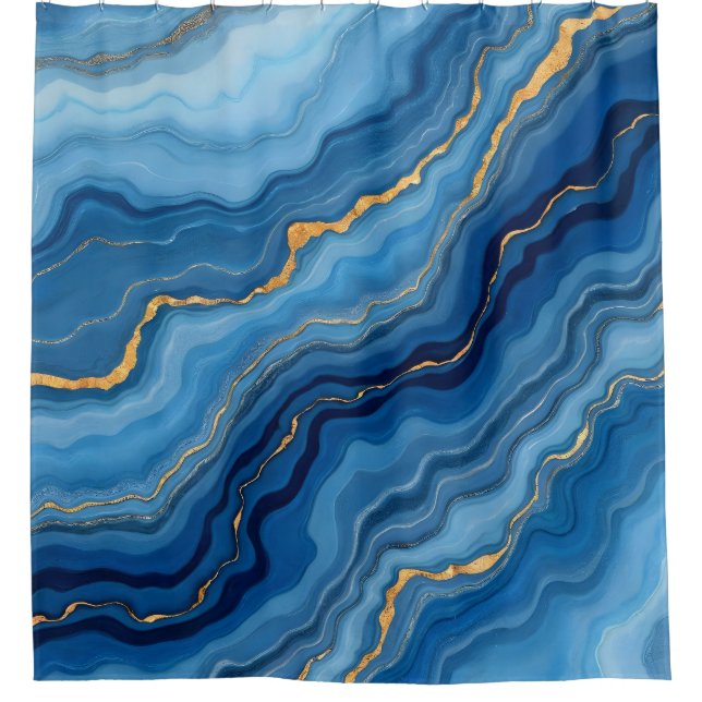 Popular Azure Blue Gold Marble Collection Shower Curtain (Front)