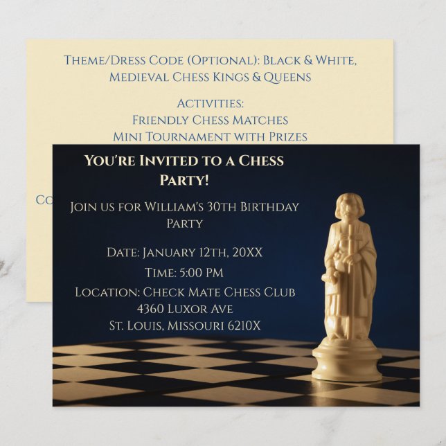 Popular Blue 30th Bishop Chess Birthday Invitation (Front/Back)