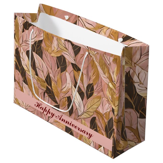 Popular Blush Pink Gold Boho Leaves Collection Large Gift Bag (Front Angled)