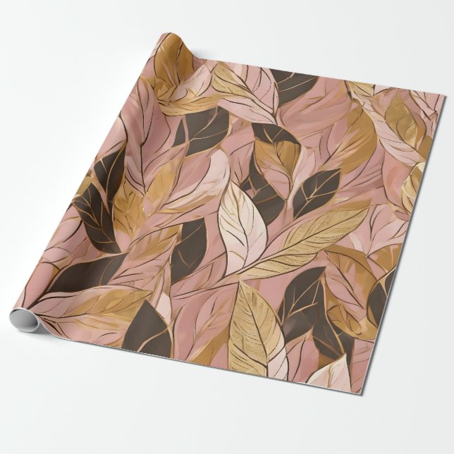 Popular Blush Pink Gold Boho Leaves Collection Wrapping Paper (Unrolled)