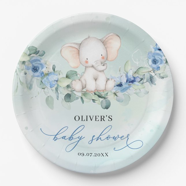 Popular boy elephant dusty blue floral eucalyptus paper plates (Front)