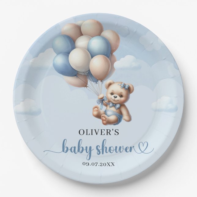 Popular boy elephant dusty blue floral eucalyptus paper plates (Front)