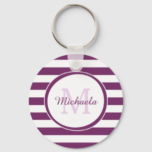 Popular Bright Purple Stripes Pattern and Monogram Keychain