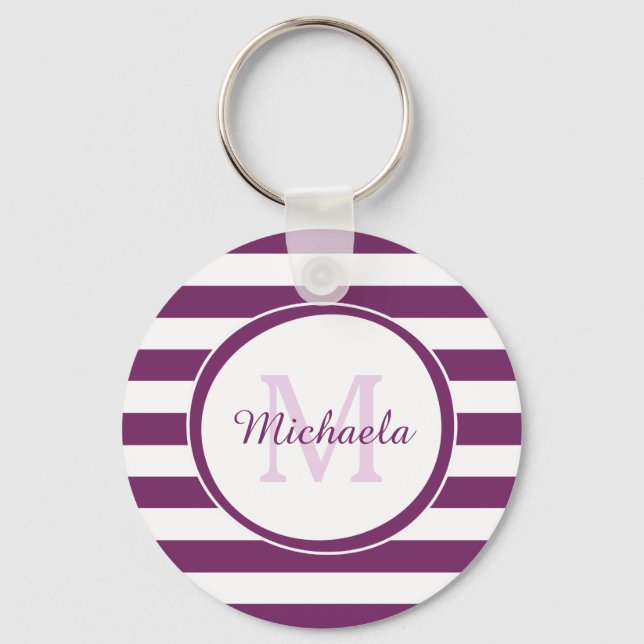 Popular Bright Purple Stripes Pattern and Monogram Keychain (Front)