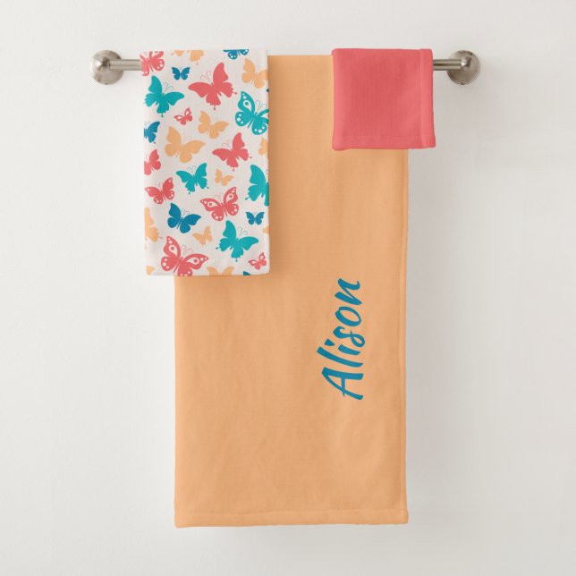 Popular Butterfly pattern  pink turquoise coral Bath Towel Set (Insitu)