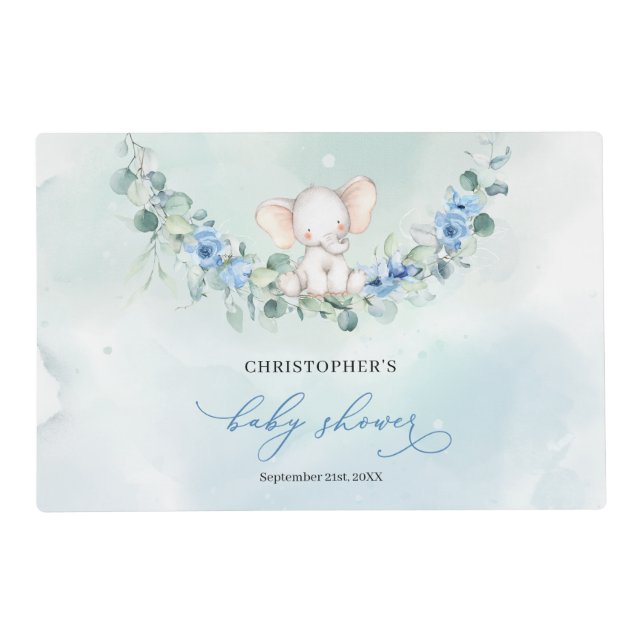 Popular elephant dusty blue floral eucalyptus boy  placemat (Front)