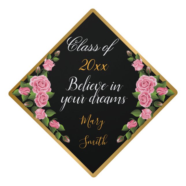 Popular Floral Customize Black Gold Graduation Cap Topper (Front)