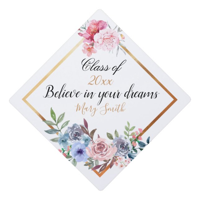 Popular Floral Customize Gold Graduation Cap Topper (Front)