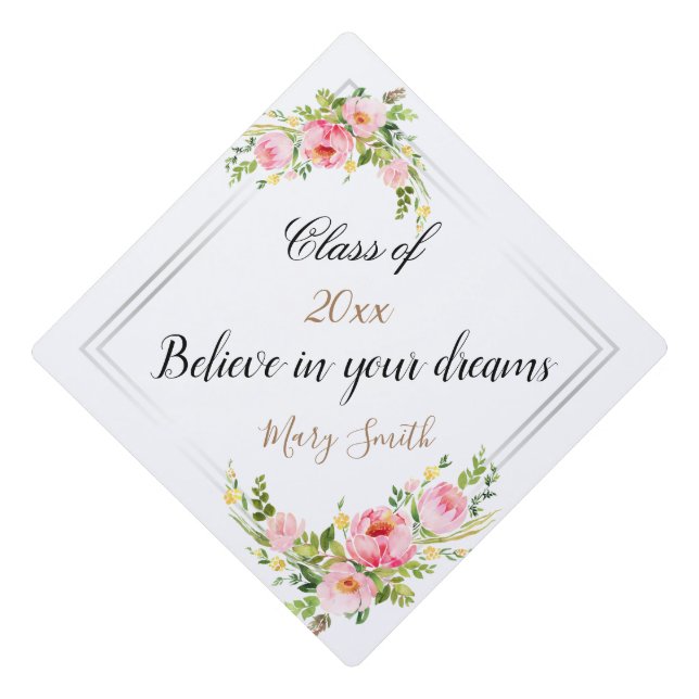Popular Floral Customize Silver Graduation Cap Topper (Front)