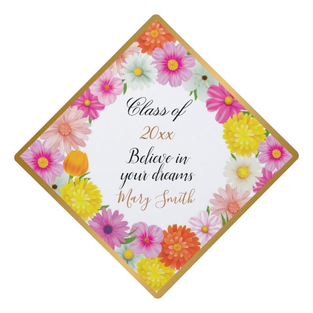 Popular Floral Customize White Gold Graduation Cap Topper (Front)