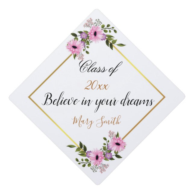 Popular Floral Customize White Pink Graduation Cap Topper (Front)