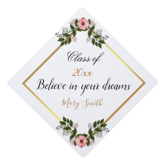 Popular Floral Customize White Pink Rose Graduation Cap Topper (Front)