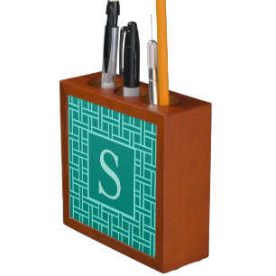 Popular Geometric Pattern Monogram Teal Pencil Holder