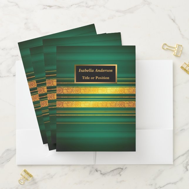 Popular Green Gold Luxury Linen Texture Collection Pocket Folder (In Situ)