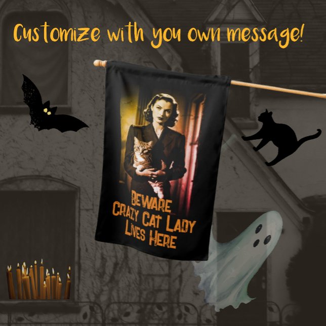 Popular Halloween Cat Lady Spooky Personalized  House Flag (The Crazy Cat Lady is on the prowl this Halloween!)
