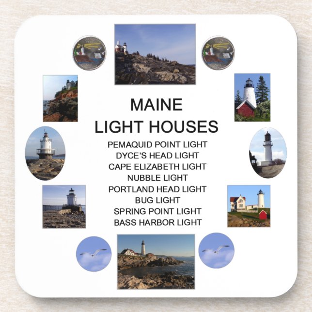 Popular Light Houses in Maine. Beverage Coaster (Front)