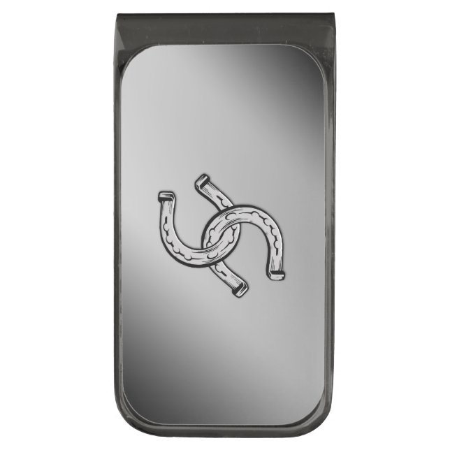 Popular Lucky Horseshoes on Silver Gunmetal Finish Money Clip (Front Vertical)