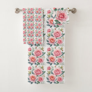 Popular Luxury Pink Roses Beautiful Collection Bath Towel Set