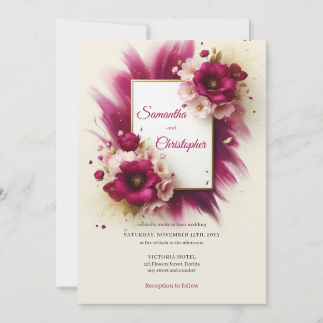 Popular magenta flowers and gold frame wedding invitation (Front)