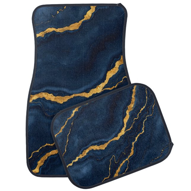 Popular Navy Blue Gold Marble Collection Car Floor Mat (Set)