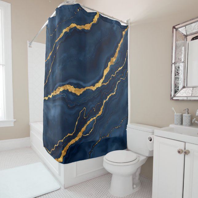 Popular Navy Blue Gold Marble Collection Shower Curtain (In Situ)
