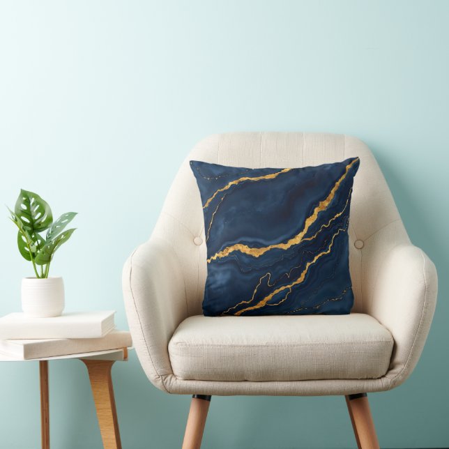Popular Navy Blue Gold Marble Collection Throw Pillow (Chair)