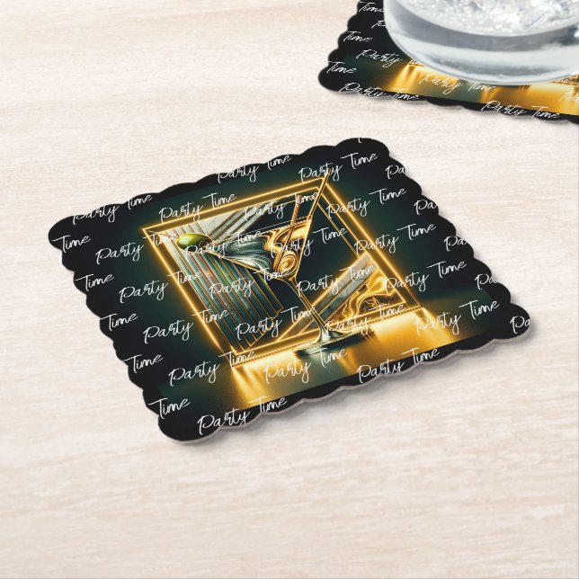 Popular Party Time Neon Personalized Paper Coaster (Angled)