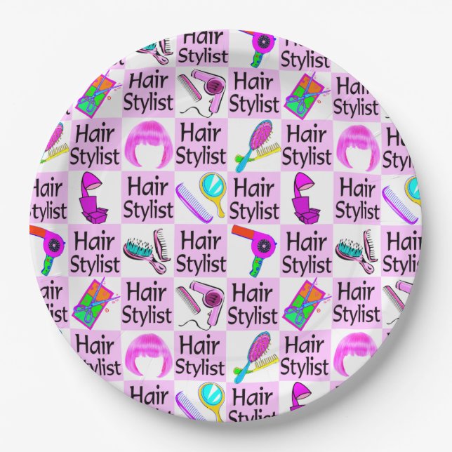 POPULAR PINK HAIR STYLIST AND BEAUTICIAN PAPER PLATES (Front)