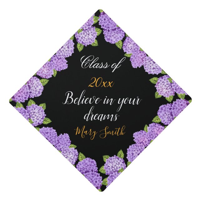 Popular Purple Floral Customize Black Graduation Cap Topper (Front)