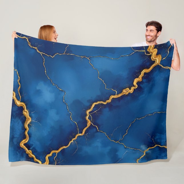 Popular Royal Blue Gold Marble Collection Fleece Blanket (In Situ)