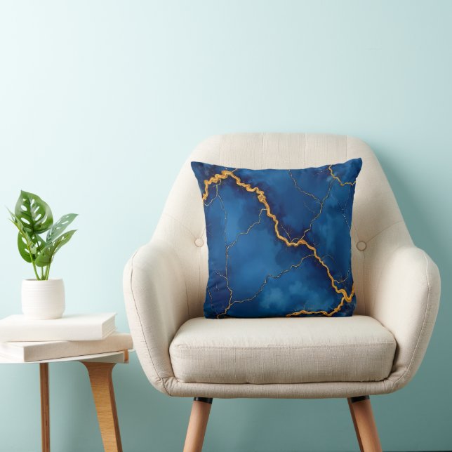 Popular Royal Blue Gold Marble Collection Throw Pillow (Chair)