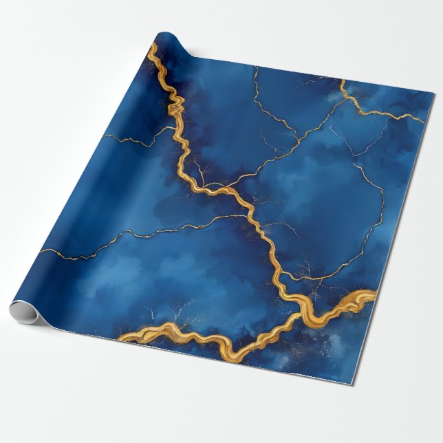 Popular Royal Blue Gold Marble Collection Wrapping Paper (Unrolled)