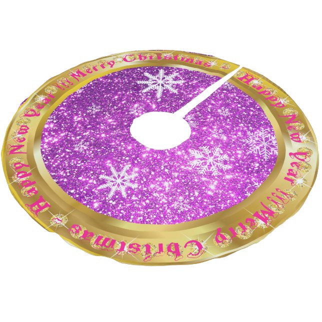Popular Snowflake Gold Glitter Purple Brushed Polyester Tree Skirt (Angled)