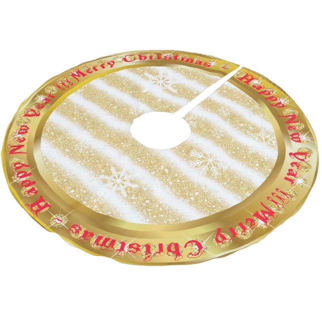 Popular Snowflake Gold Glitter White Brushed Polyester Tree Skirt (Angled)